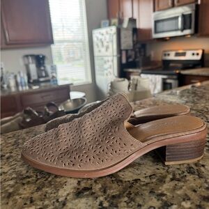 Crown Vintage Taupe Perforated Suede Mule Heels